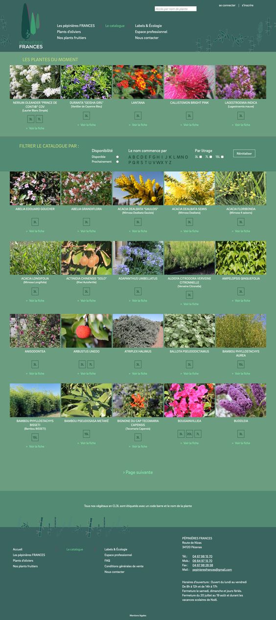 Aperçu de la page catalogue du site internet des Pépinières Frances